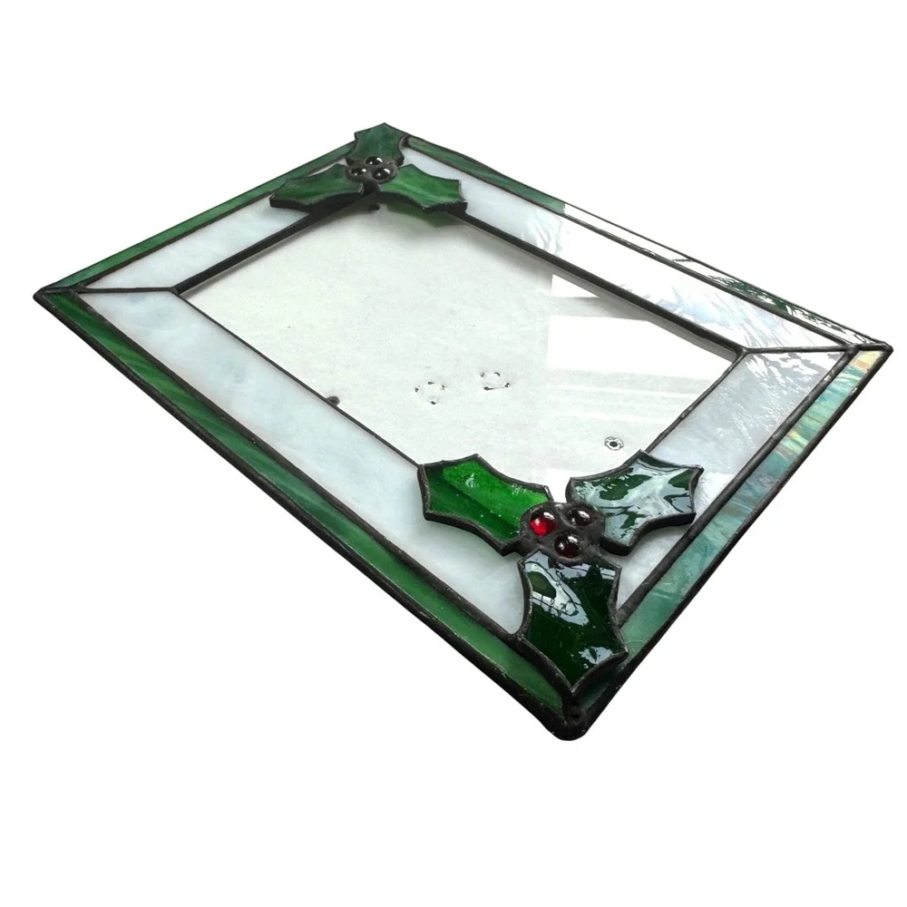 Stained Glass Holly Berry Christmas Picture Frame Green White 5x7 Holiday Winter